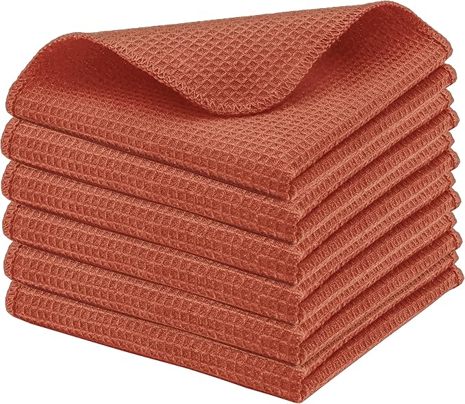 PurpleEssences Rust Dish Cloths and Dish Rags - 6 Pack Waffle Weave Solid Kitchen Dish Wash Cloths, 100% Cotton, 12x12 Inches, Ultra Soft Absorbent Quick Drying - Spring Easter Summer - Rust