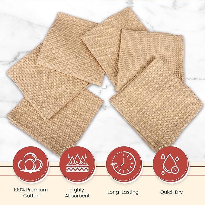 Vintage Vista 100% Cotton Waffle Dish Cloths (Pack of 6) - Dish Rags for Washing Dishes - Reusable & Highly Absorbent Kitchen Towels - Kitchen Rags fo Easter - (12" x 12" - Beige)