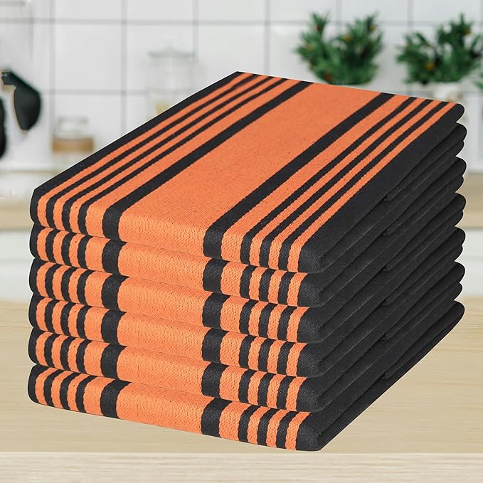 Urban Villa Halloween Kitchen Towels 100% Cotton Set of 6 Dish Towels - 20x30 Inches Highly Absorbent Quick Drying Dish Towels for Kitchen with Hanging Loop Hand & Tea Towels (Orange & Black Striped)