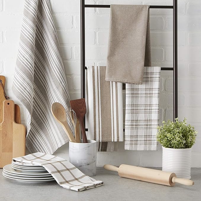 DII Assorted Woven, Kitchen Dishtowel Set, 18x28, Brown, 5 Piece
