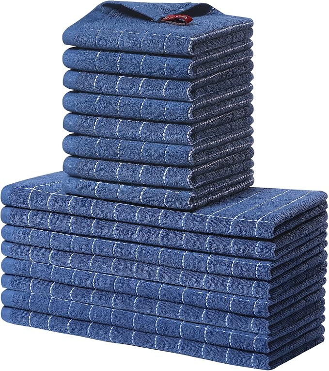 Homaxy Kitchen Towels and Dishcloths Set, 12 x 12 and 13 x 28 Inches, Set of 16 Bulk Cotton Terry Kitchen Towels Set, Checkered Designed, Soft and Super Absorbent Dish Cloths, Navy Blue