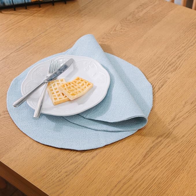 4 Piece Round Placemat 15 Inch Soft Linen eco-Friendly Fabric Handcrafted Machine Washable Indoor & Outdoor Tablemat Light Blue