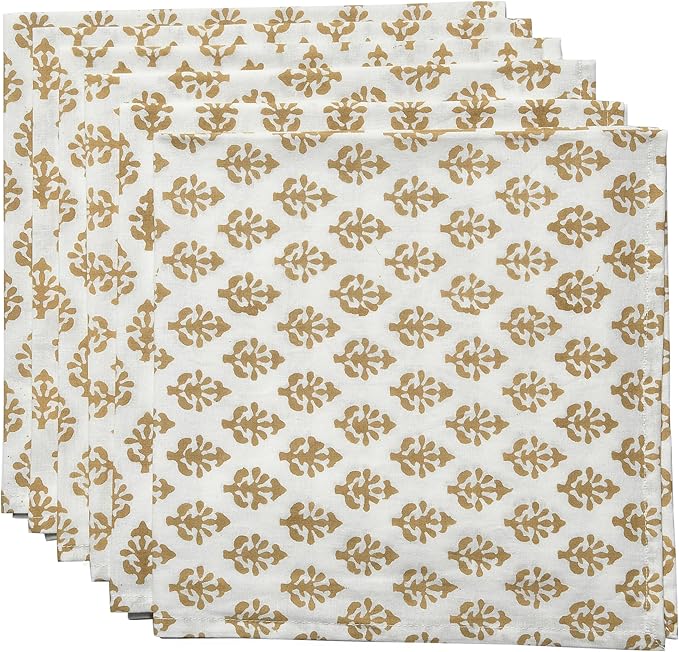 CPC Cloth Napkins 100% Cotton Set of 4 Reusable Napkins, Indian Block Print Toile Floral Dinner Napkin, Fall Thanksgiving Christmas Holiday Party Gift - Soft Absorbent Napkin, 18"x18" Yellow Flower