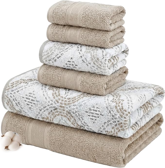 Modern Threads Capri 6-Piece Reversible Yarn Dyed Jacquard Towel Set - Bath Towels, Hand Towels, & Washcloths - Super Absorbent & Quick Dry - 100% Combed Cotton, Khaki
