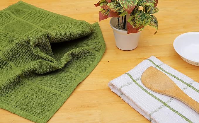 AMOUR INFINI Kitchen Towels Pack of 4, Terry Cotton Dish Towels, Ultra Absorbent, Quick Drying Hand & Tea Towels, Soft Durable Cleaning Cloths with Hanging Loop, 16 x 26 Inch (Green)