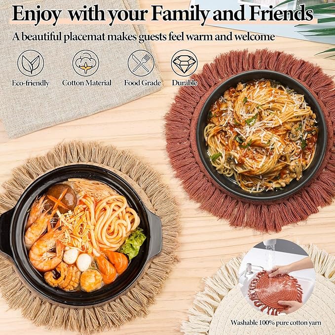 13 Inch Round Cotton Placemat Set of 4 Boho Placemats Table Mats Woven Washable Table Placemats for Fall Kitchen Dining Home Farmhouse Thanksgiving Christmas Decoration Heat Resistant Place Mat