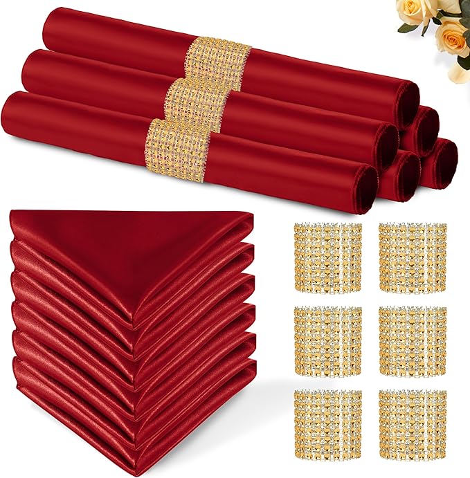 100 Pack Red Satin Napkins and Napkin Rings Set,12 x 12 Inch Silky Soft Cloth Napkins Set of 50,Square Satin Dinner Table Napkins Bulk for Wedding Banquet Restaurant Graduation Party Decoration
