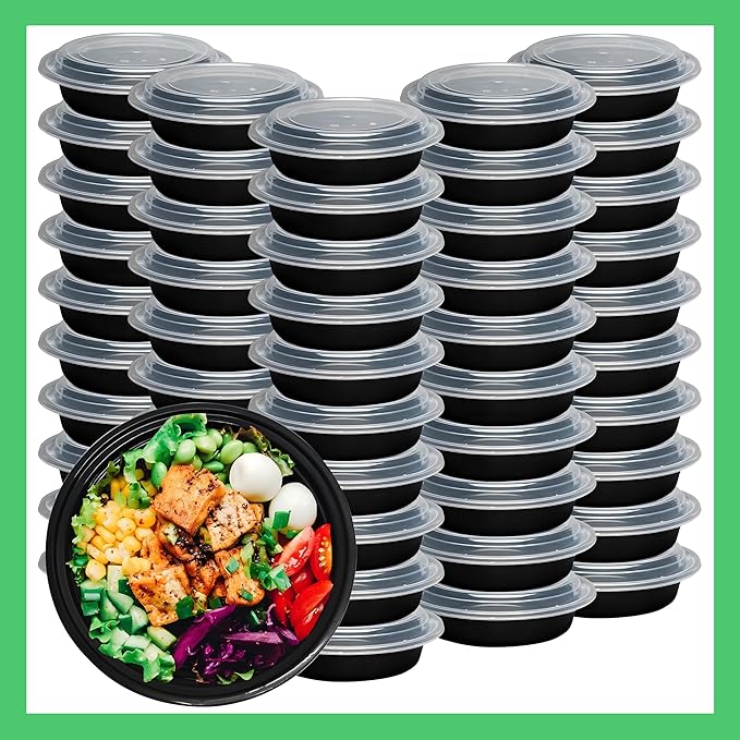Meal Prep Containers Round [60 Set] x [48 oz] with Lids, 1 compartment, Stackable, Reusable, Leakproof, Food Safe, Microwave, Freezer & Dishwasher Safe for Food Prep Storage (60 Set, 48 oz)