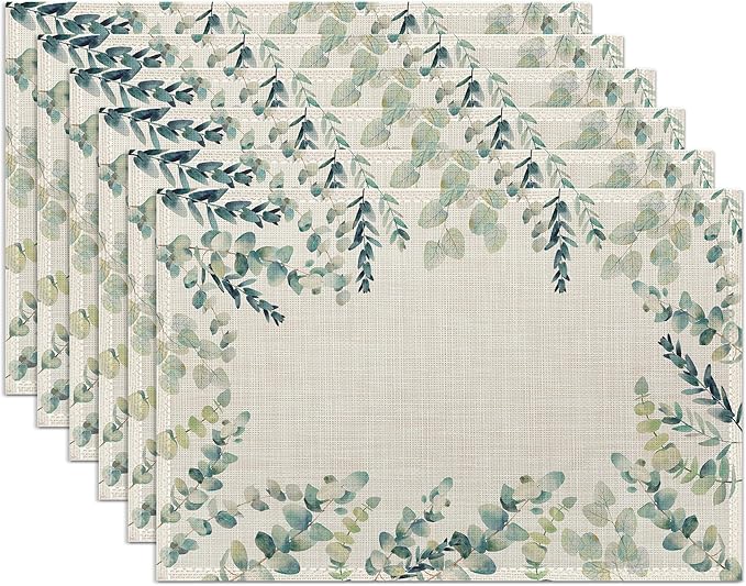 Green Floral Placemats Set of 6 - Botanical Sage Green Table Mats, Washable Heat Resistant for Kitchen Dining, Indoor Home Decor