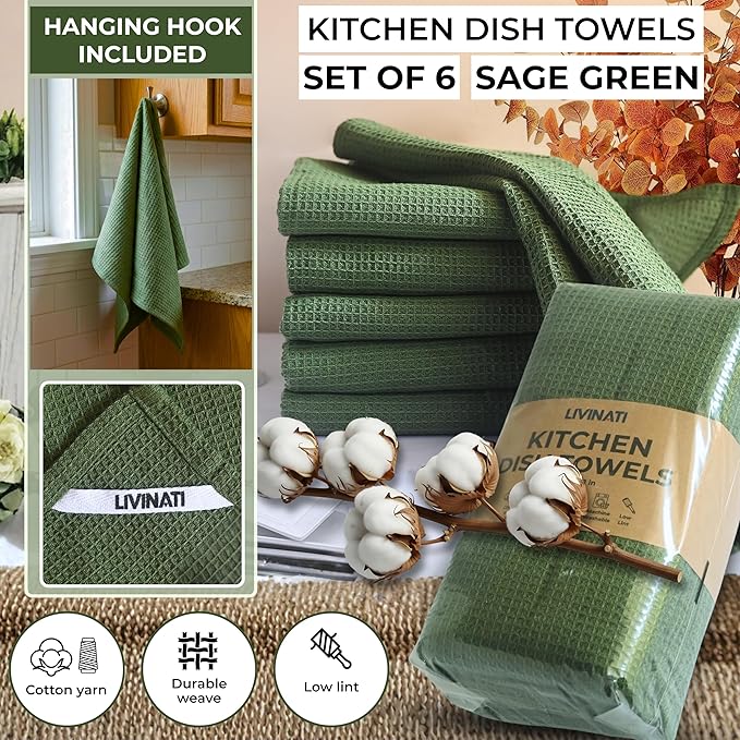 Highly Absorbent Cotton Dish Towels for Drying - Set of 6 Sage Green Kitchen Towels - 18"X28" Lint Free Waffle Weave Cloth Linen Hand Bathroom Bulk Dishtowels