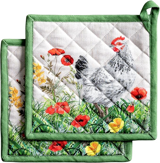 Maison d' Hermine Pot Holders 100% Cotton Heat Resistant Potholders 8" x 8" Hot Pads with Loop BBQ Cooking Baking Gifts for Mothers Day Handling Hot Pans Spring/Summer (Pack of 2, Basse Cour)