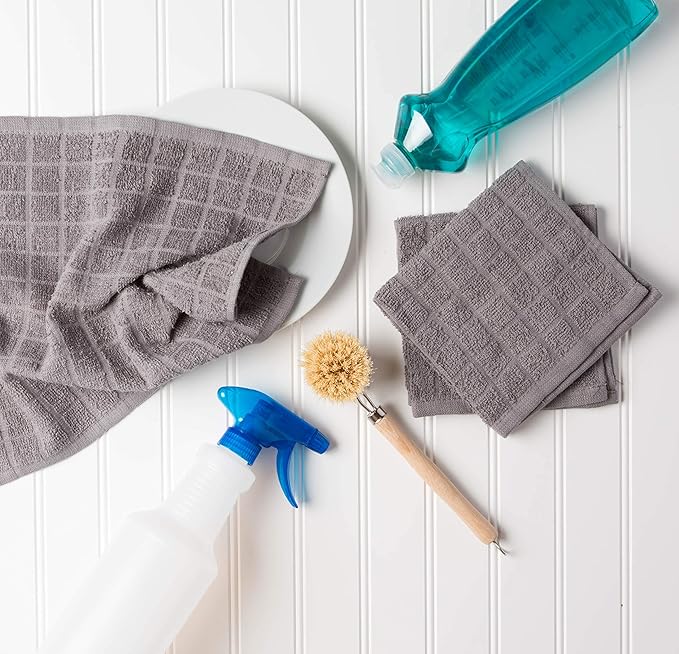 DII Basic Terry Collection Solid Windowpane Dishcloth Set, 12x12, Gray, 6 Piece
