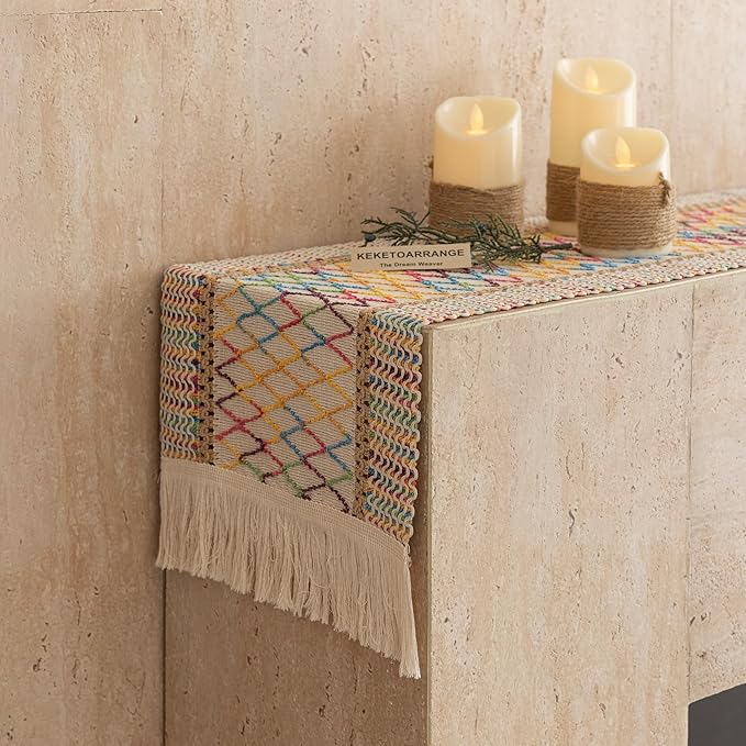 Keketoarrange Boho Table Runner Colorful for Home Decorations 12x48 Inches Farmhouse Small Macrame Woven Burlap Jute Rustic Coffee Dresser Table Runner Dining Kitchen Centerpiece Bohemian Decor