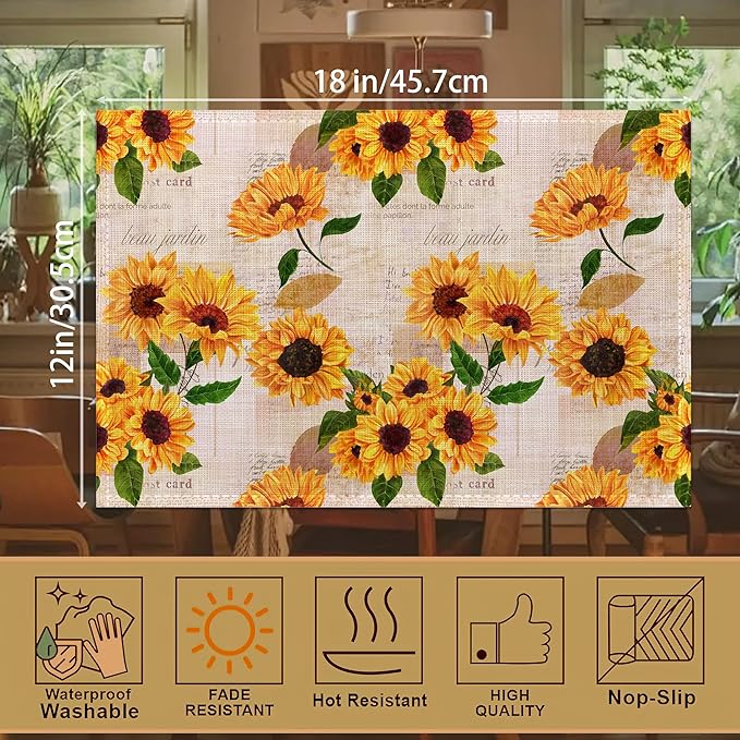 Yellow Watercolor Sunflowers Placemats Set of 6, 12x18 Inch Waterproof Stain Resistant Linen Table Placemats Summer Seasonal Farmhouse Kitchen Party Decor Home Decor