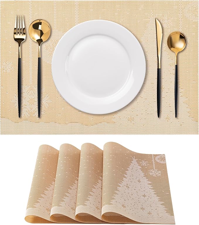 CADONO Placemats Set of 4 Washable Indoor/Outdoor Vinyl Place Mats for Dining Table Durable Non-Slip Heat Resistant PVC Weave Table Mats（Christmas Tree-Gold）