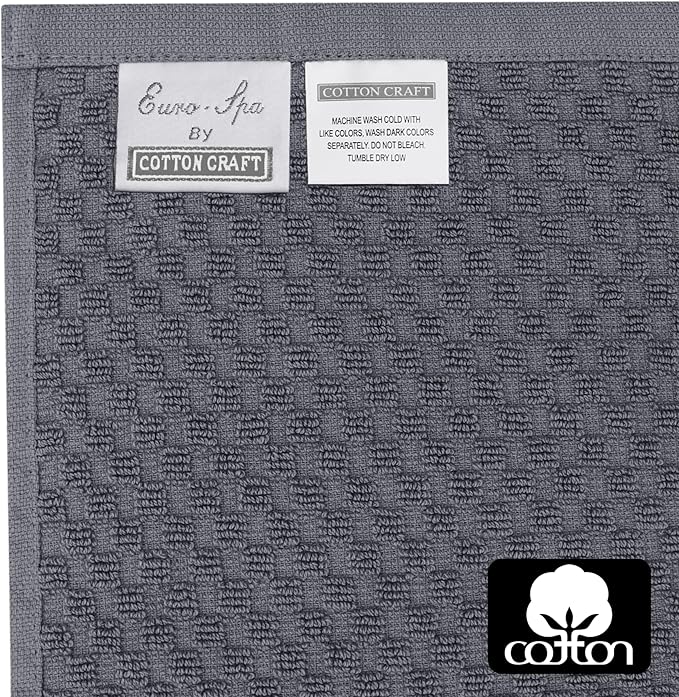 COTTON CRAFT Euro Spa Waffle Wash Cloth - Set of 12 Luxury Pure Ringspun Cotton Waffle Weave Bathroom Face Towel - Everyday Absorbent Hotel Gym Shower Beach Kitchen Travel Dorm - 12x12 inches - Grey