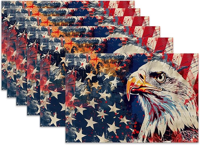 American Flag Placemats Set of 6,Bald Eagle Heat Resistant Table Mats Washable Place Mats for Party Kitchen Farmhouse Home Dining Holiday Decor 12x18 Inch