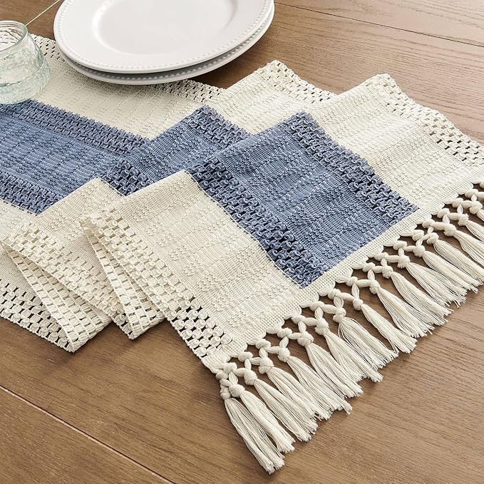 ZeeMart Macrame Style Bicolor Stitching Table Runner, 14 x 60 Inch Blue/Ivory, Boho Blue Table Runners 60 Inches Long, Farmhouse Woven Home Decor