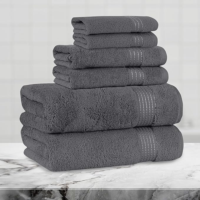 Mocassi Luxury 100% Turkish Cotton 6-Piece Towel Set - Ultra Soft, Quick Dry Highly Absorbent Premium Spa Hotel Quality Bath Towels, Includes 2 Bath Towels, 2 Hand Towels and 2 Washcloths, Gray