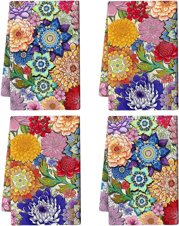 Boho Floral Kitchen Dish Towels Decorative Set of 4, Colorful Kitchen Stuff Hand & Tea Towels for Cleaning Drying, Baking Cooking Lover Gifts for Chef Cooks Women, Housewarming Gifts for Women