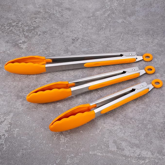 3 Pack Orange Kitchen Tongs, Premium Silicone BPA Free Non-Stick Stainless Steel BBQ Cooking Grilling Locking Food Tongs, 9-Inch 10-Inch & 12-Inch