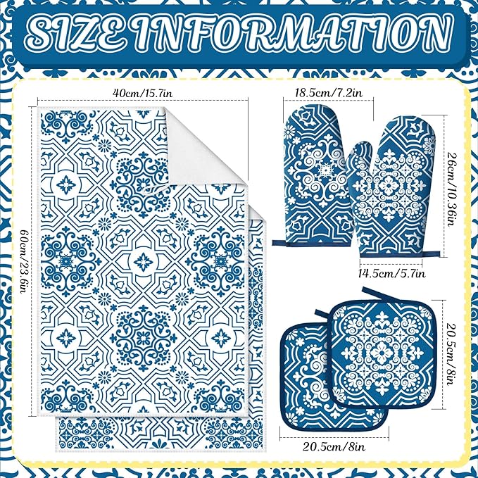 Jingmore 6 Pcs Kitchen Decor Set Accessory Farmhouse Kitchen Towels Pot Holders Oven Mitts Set 2 Dish Towels 2 Pot Holders 2 Cooking Mittens Oven Glove for Cooking (Blue,White,Chinoiserie Printed)