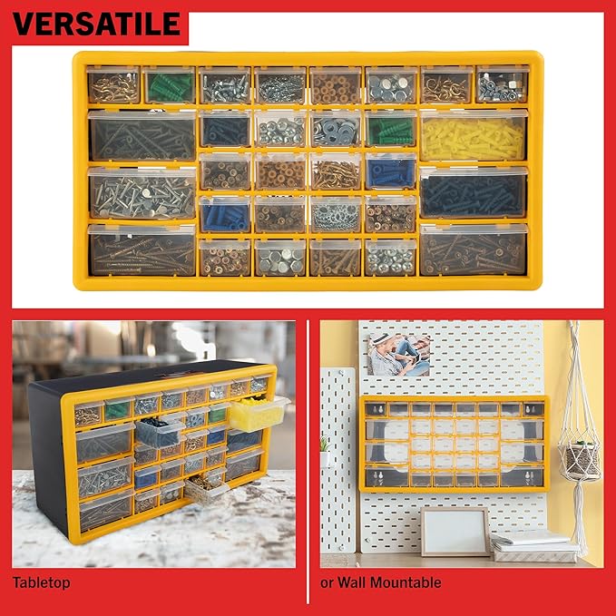 30-Drawer Plastic Small Parts Organizer - Desktop or Wall Storage Drawers for Organizing Hardware, Crafts, Garage, or Classroom by Stalwart (Yellow)