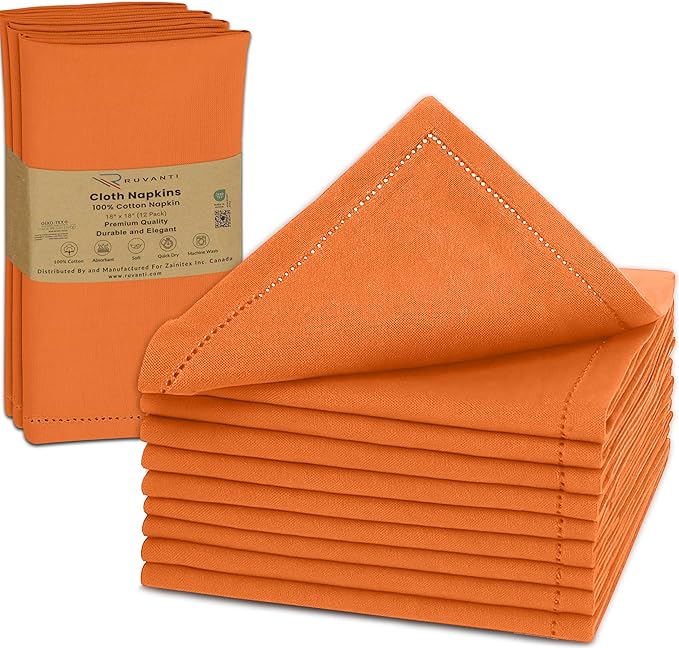 Ruvanti Cloth Napkins Set of 12, 100% Cotton High GSM 18x18 Inches, Hem Stitched Corners, Soft, Washable, Highly Durable & Absorbent, Perfect for Parties, Christmas, Thanksgiving Dinners – Orange Peel