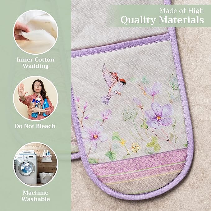 Maison d' Hermine Double Oven Mitts 100% Cotton 7"x35" Double Oven Mitt Heat Resistant BBQ Cooking Gloves with Loop Baking Grilling Gifts for Mothers Day Spring Summer (Magnolia Mornings)
