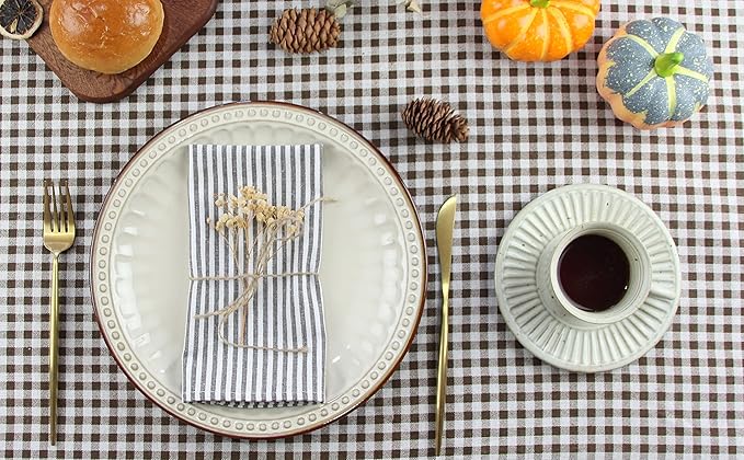Plain Striped Cotton Linen Blended Dinner Cloth Napkins - Set of 12 (40 x 30 cm) - for Events & Home Use (Brown)