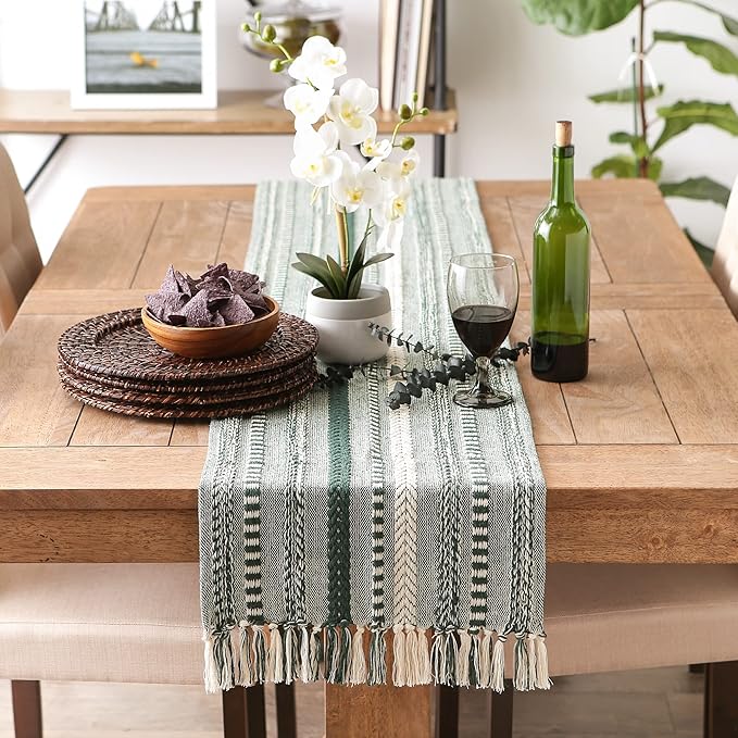 DII Farmhouse Braided Stripe Table Runner Collection, 15x72 (15x77, Fringe Included), Dark Green
