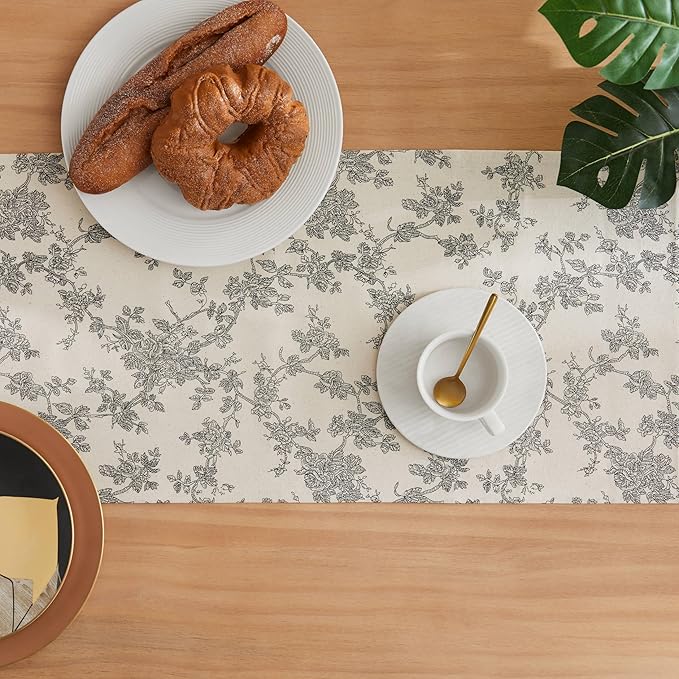 100% Cotton French Pastoral Table Runners, 13x108 Inch Black Farmhouse Table Runners 108 Inches Long, Vintage Flowers Print Home Decors