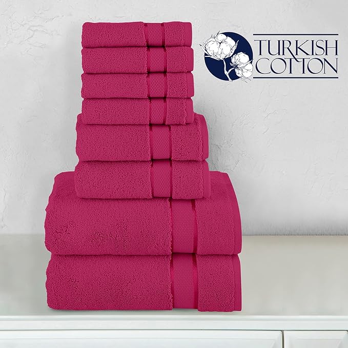 Elegant Comfort Premium Cotton 8-Piece Towel Set, Includes 4 Washcloths, 2 Hand Towels and 2 Bath Towels, 100% Turkish Cotton - Highly Absorbent and Super Soft Towels for Bathroom, Hot Pink