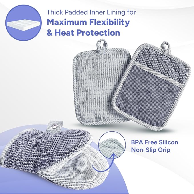 Casa Platino Silicone Oven Mitts & Potholders, 4-Piece – Pot Holders for BBQ & Baking, Oven Mitt for Kitchen & Microwave – Heat Resistant Up to 500°F, Durable & Flexible – Indigo