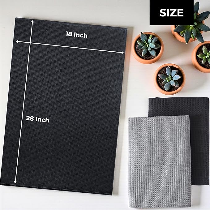 Highly Absorbent Cotton Dish Towels for Drying - Set of 3+3 - Light Gray + Dark Gray Kitchen Towels - 18"X28" Lint Free Waffle Weave Cloth Linen Hand Bathroom Bulk Dishtowels
