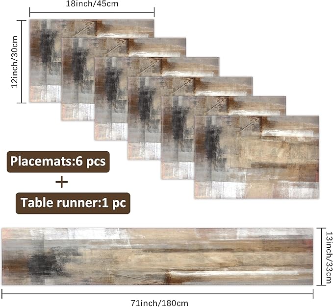 Brown and Gray Table Runner and Placemats Set of 6 Farmhouse Washable Linen Place Mats Rustic Abstract Art Table Decor for Kitchen Dining Coffee Outdoor Party (Brown and Gray, 13"x71"+12"x18")