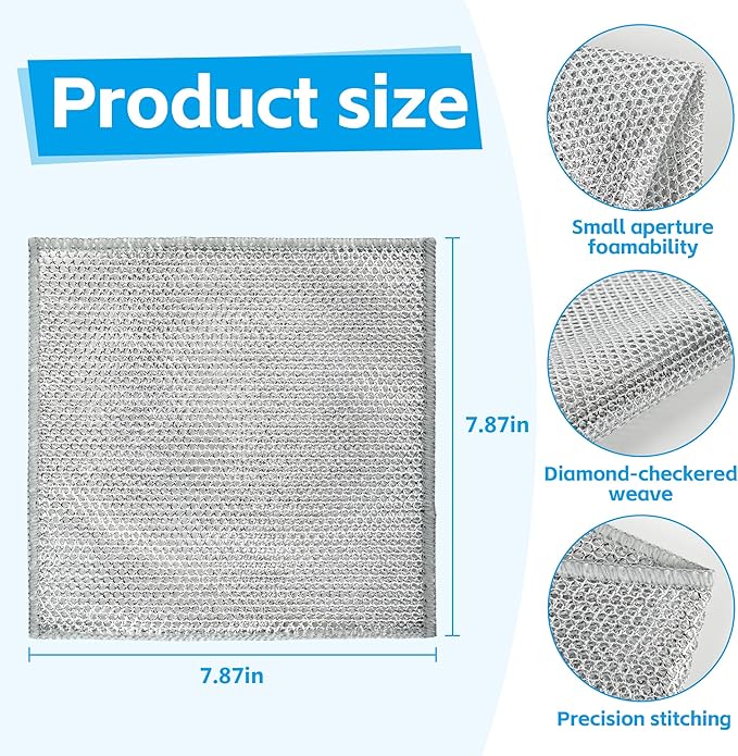 12Pack Multipurpose Wire Dishwashing Rags, Upgrade Non Scratch Wire Dishcloth, Silver Mesh Dish Cloths, Reusable Metal Mesh Cleaning Cloths, Steel Scrub Rags for Kitchen/Stove/Oven/Bath