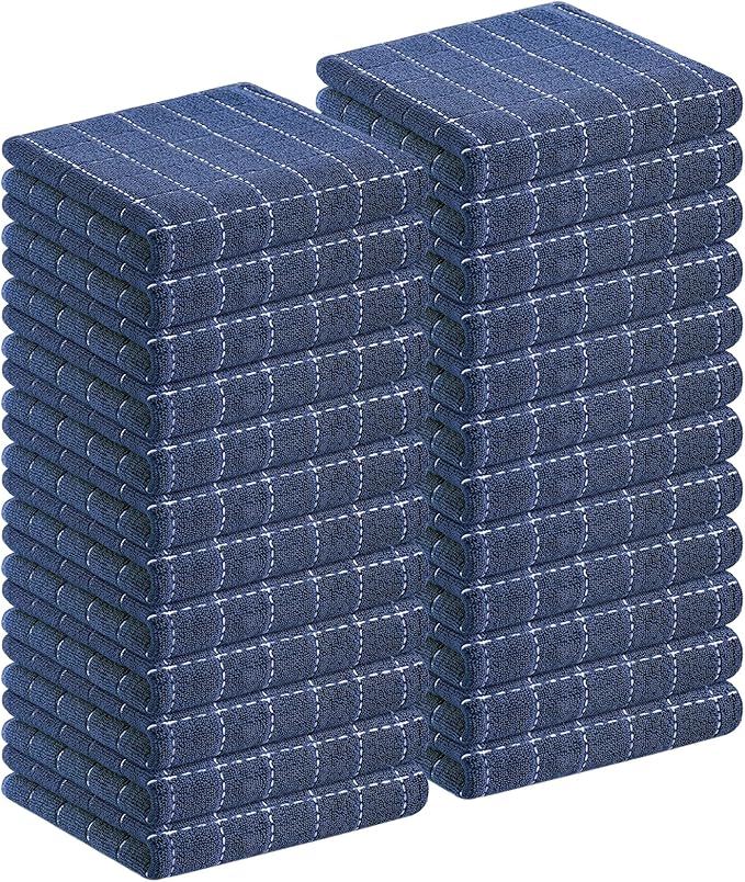 Homaxy 100% Cotton Terry Kitchen Towels(Navy Blue, 13 x 28 inches), Checkered Designed, Soft and Super Absorbent Dish Towels, 24 Pack