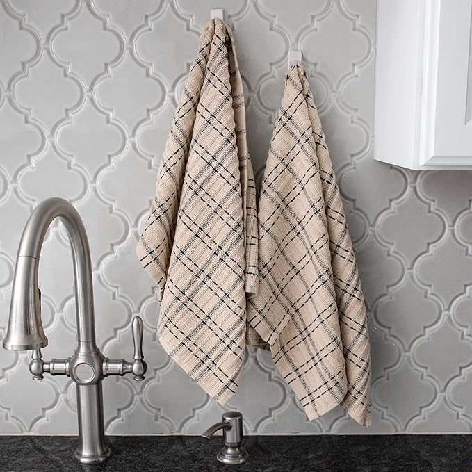 Ritz Royale Collection 100% Combed Terry Cotton, Highly Absorbent, Oversized Checked Kitchen Towel Set, 28" x 18", 2-Pack, Black