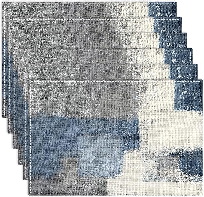 Emvency Farmhouse Placemats Set of 6, Abstract Modern Blue Geometric Minimalist 12x18 Inch Linen Rectangular Place Table Mats for Indoors & Outdoor Home Party Kitchen Dining Decoration