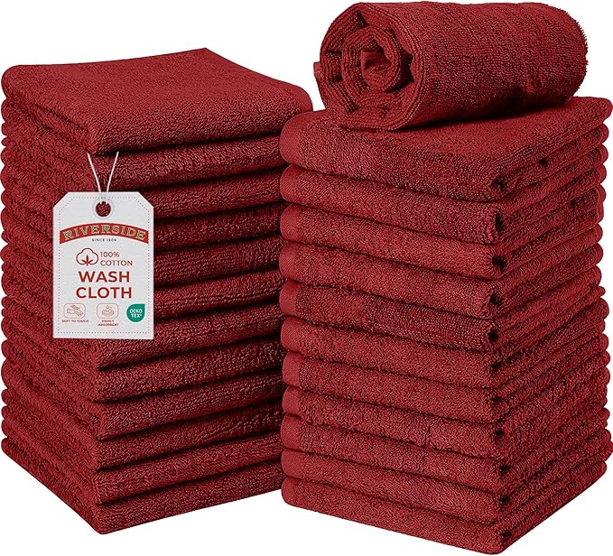 RIVERSIDE Pack of 24 Wash Cloths for Showering, 12 x 12 Inches, Super Soft & Absorbent, 100% Cotton Washcloths Premium Quality Flannel Face Cloths for Bathroom, Gym, Spa (Classic Red, 24 Pack)