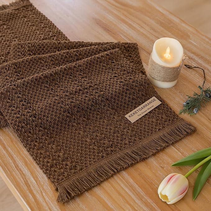 Keketoarrange Boho Brown Table Runner for Home Decor 13x72 Inches Farmhouse Small Macrame Woven Burlap Jute Rustic Coffee Table Runner Dresser Scarf Dining Kitchen Centerpiece Bohemian Decor