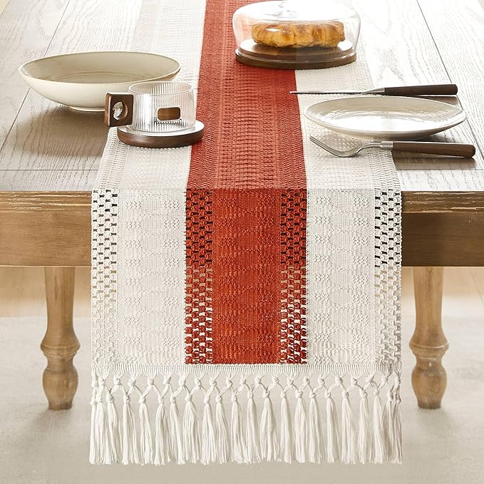 ZeeMart Macrame Style Bicolor Stitching Table Runner, 14 x 72 Inch Orange/Ivory, Boho Burnt Orange Fall Table Runners 72 Inches Long, Farmhouse Woven Fall Home Decor