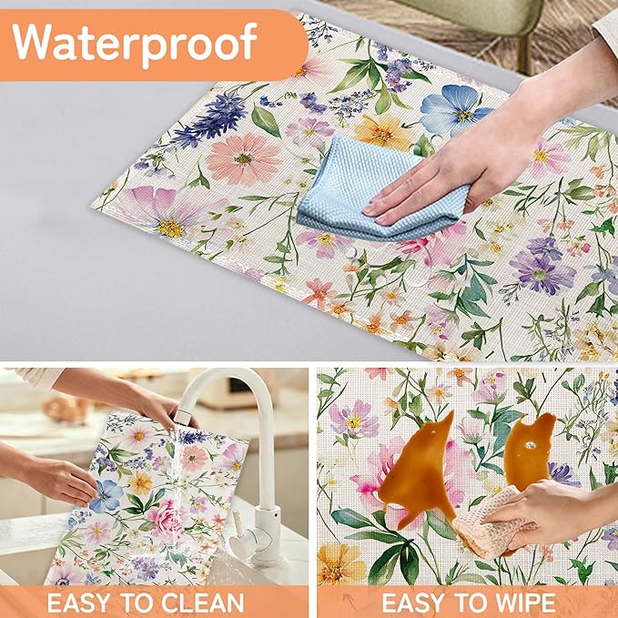 Wildflowers Floral Placemats Set of 6,Plants Waterproof Heat Resistant Dining Table Plate Mat for Home Kitchen Dining Table 12x18Inch