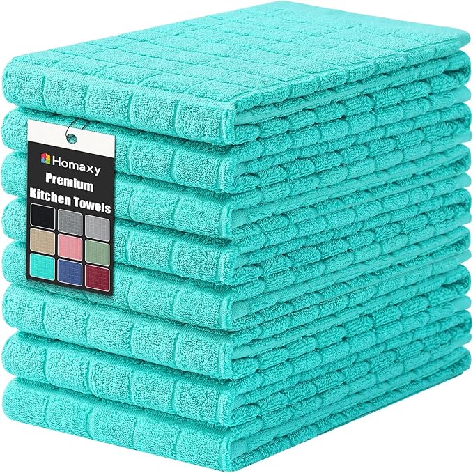 Homaxy Premium Cotton Kitchen Towels 16"x 28", Large Natural Ring Spun 390 GSM Dish Towels, Super Absorbent Terry Kitchen Hand Towels, Soft Tea Towels with Hanging Loop, Pure Aqua Design, 8 Pack