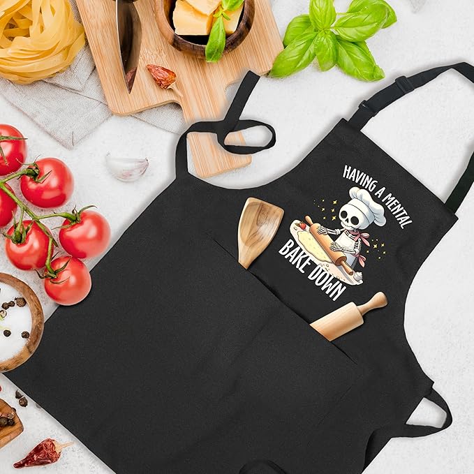 Funny Skeleton Baker Baking Apron with Pockets, Baking Lovers Bread Baker Gifts, Having a Mental Bake Down Waterproof Adjustable Cooking Apron for Kitchen Dishwashing Grilling