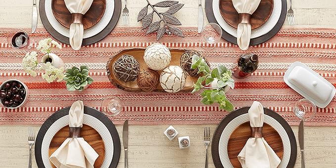 DII Farmhouse Braided Stripe Table Runner Collection, 15x108 (15x113, Fringe Included), Vintage Red