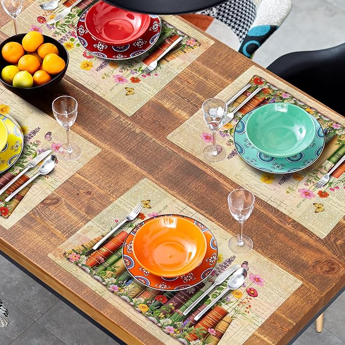 Vintage Books Linen Placemat Set of 4 Decoration Printed Place Mat for Home Table Decor