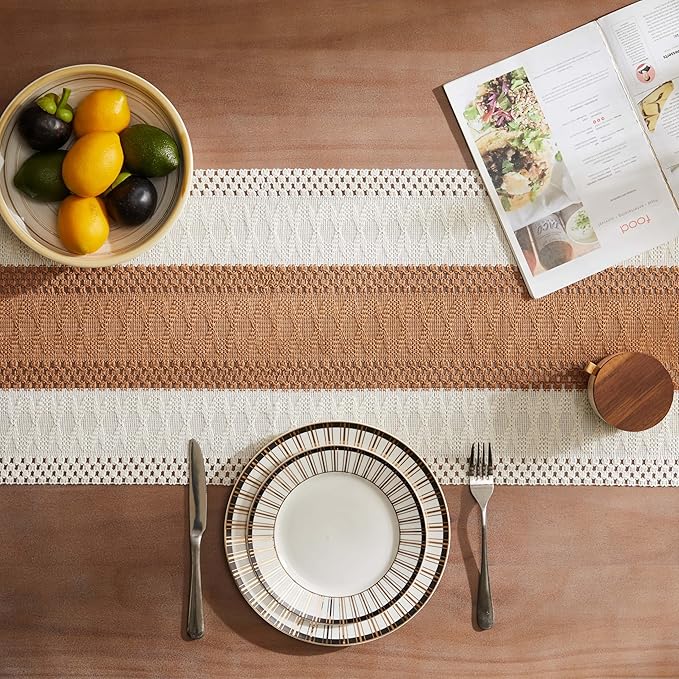 ZeeMart Macrame Style Bicolor Stitching Table Runner, 14 x 36 Inch Caramel/Ivory, Boho Caramel Table Runners 36 Inches Long, Farmhouse Woven Home Decor