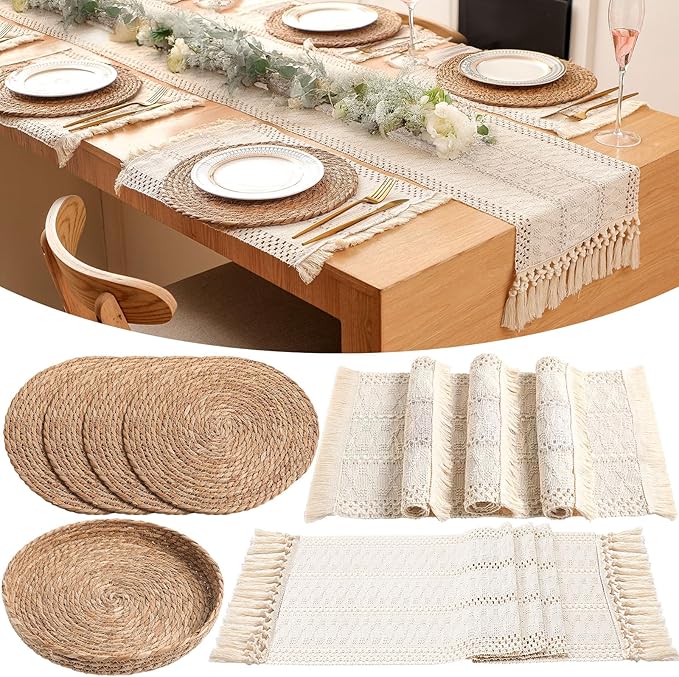 Boho Placemats 4/6/8 Set of Round Woven Placemat Macrame Style Bicolor Stitching Long Table Runner Farmhouse Rustic Natural Burlap Cotton for Kitchen Dining Table(4 Sets,Beige,12x72)